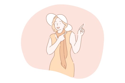 Gesture, pointing, advertisement, putting attention concept. Young smiling woman cartoon character in summer dress and hat standing and pointing aside with forefingers vector illustration