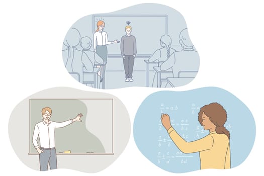 Studying in school, pupil, teacher concept. Teacher introducing new pupil to classmates in classroom, teacher explaining information, girl student solving task on chalkboard at school illustration