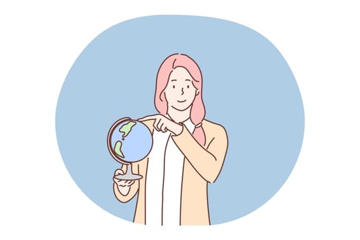 Education, teaching, geography, globalization symbol concept. Young woman girl teacher cartoon character standing in class holds globe in hand. Teachers day and back to school vector illustration.
