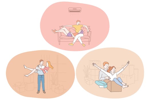 Love, couple in relationship, togetherness concept. Happy young loving couples cartoon characters dating, relaxing at home, having fun together and relocating. Romance and loving people
