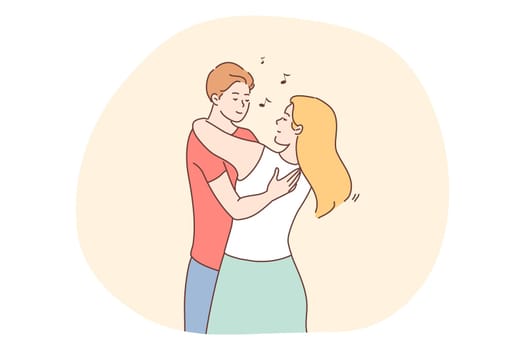 Love, dating, romance, relationship, togetherness, couple concept. Young loving happy smiling couple cartoon characters standing and hugging each other during date. Girlfriend and boyfriend dancing