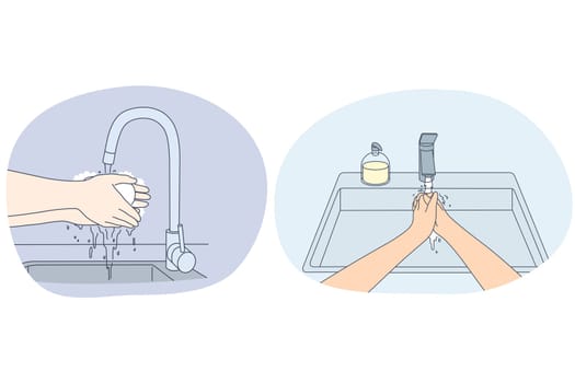 Washing hands, personal hygiene and protection from virus concept. People washing hands properly with soap for protective care in home or public places sinks vector illustration