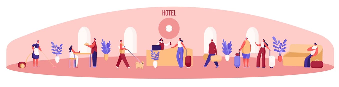 Guesthouse panorama, visitors with luggage wait in queue at reception, maid cleaning, woman eating at local restaurant. Hotel business, room booking concept cartoon sketch. Flat vector illustration