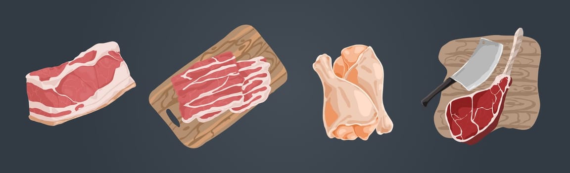 Raw uncooked meat, pork fillet, bacon slices, chicken legs, ham hough, beef gammon, delicious barbecue ingredients set. Butcher shop assortment concept cartoon sketch. Flat vector illustration