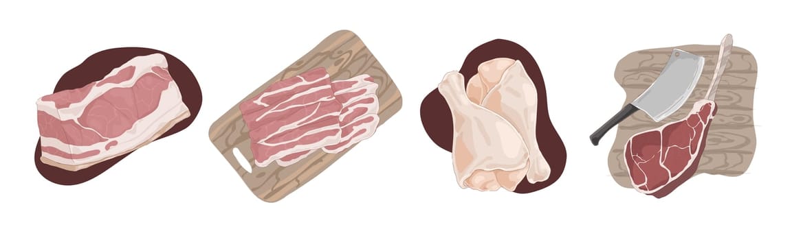 Raw uncooked meat, pork fillet, bacon slices, chicken legs, ham hough, beef gammon, delicious barbecue ingredients set. Butcher shop assortment concept cartoon sketch. Flat vector illustration