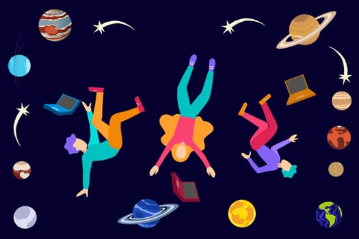 Young college students floating in space with laptops, planets and shooting stars, astronomy learning lesson. Cosmology study, education metaphor concept cartoon sketch. Flat vector illustration