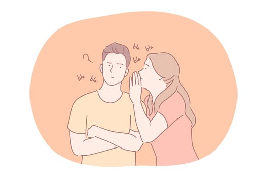 Secret, whisper, spreading information on ear concept. Young girl cartoon character whispering information and secrets to frustrated boy ear. Communication in halftone in couple vector illustration