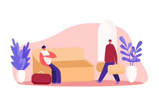 Travelers with luggage waiting for registration, young woman sitting on sofa, man holding baggage, guesthouse lounge zone. People in hotel lobby concept cartoon sketch. Flat vector illustration