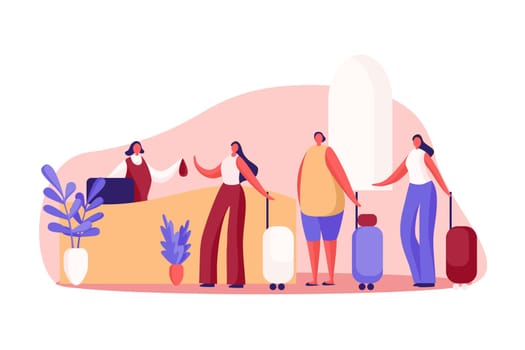 Women with luggage at guesthouse front desk, inn administrator, receptionist gives lodger key, hotel business. Room booking, reservation queue concept cartoon sketch. Flat vector illustration