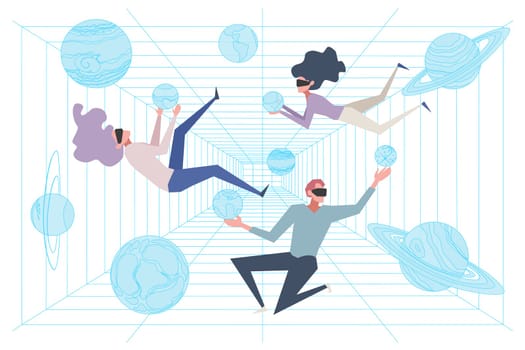 Scientists in simulation room, cyberspace, people in ar headsets floating in zero gravity, virtual reality education. Futuristic astronomy study concept cartoon sketch. Flat vector illustration