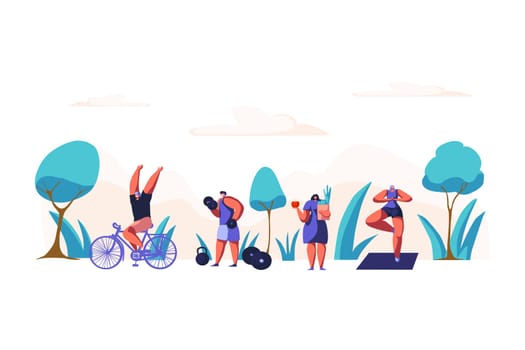 Sport activities and organic nutrition, cycling, weight lifting, workout, vitamin diet, vegetarian food, outdoor yoga. Healthy lifestyle, health care concept cartoon sketch. Flat vector illustration