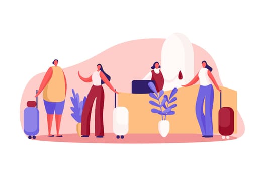 Girlfriends on vacation, women with luggage at reception, guesthouse front desk, administrator gives visitor key. Hotel service, room reservation concept cartoon sketch. Flat vector illustration
