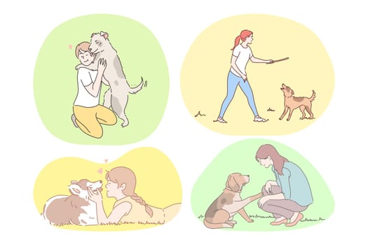 Dogs companionship and friendship concept. Set of happy boys and girls training, teaching, walking and enjoying company of dogs and puppies outdoors in summer isolated over white