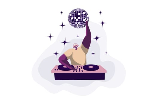 Night club discotheque, techno concert, electronic music show, young disc jockey in headphones scratching records. Nightclub party, dj performance concept cartoon sketch. Flat vector illustration