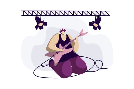 Young musician, band member playing electric guitar, woman with iroquois, guitarist solo, punk rock music show. Metal concert, stage performance concept cartoon sketch. Flat vector illustration