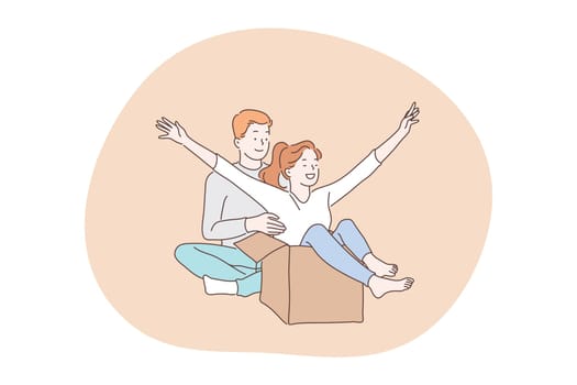 Love, couple in relationship, togetherness concept. Happy young loving couple cartoon characters having fun during relocating to new apartment together and unpacking things at home illustration