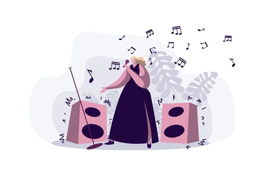 Professional singer performing song, young woman in dress holding microphone, female pop star, karaoke. Show business, entertainment industry concept cartoon sketch. Flat vector illustration