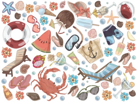 Summer rest accessories, chaise lounge, watermelon, suntan cream, diving mask, tropical cocktails, beach set. Summertime recreation attributes concept cartoon sketch. Flat vector illustration