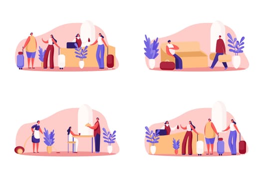 Hotel business, luxurious guesthouse, visitors with baggage check in, queue at reception, room service, cleaning and dinner. Tourism, vacation season concept cartoon sketch. Flat vector illustration