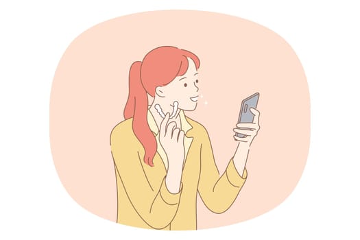 Beauty, toothcare, hygiene concept. Young smiling woman cartoon character using teeth whitening plate at home and looking of smartphone to compare color vector illustration. Dental care, wellness