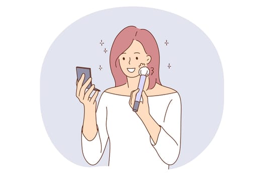 Make up, Beauty, cosmetics concept. Young smiling woman cartoon character using special brush for applying face powder for looking good and fresh vector illustration. Dermatology, cosmetology