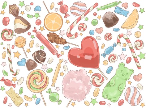 Confectionery products, delicious desserts, caramel sticks, chocolate sweets, marshmallow, fruity marmalade, tasty lollipops set. Candy shop assortment concept cartoon sketch. Flat vector illustration