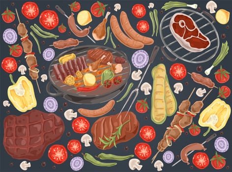 Roasted meat with vegetables, grilled steak, shashlik, chicken legs, cooked ribs, grilled sausages, tasty bbq set. Delicious barbecue, summer picnic concept cartoon sketch. Flat vector illustration