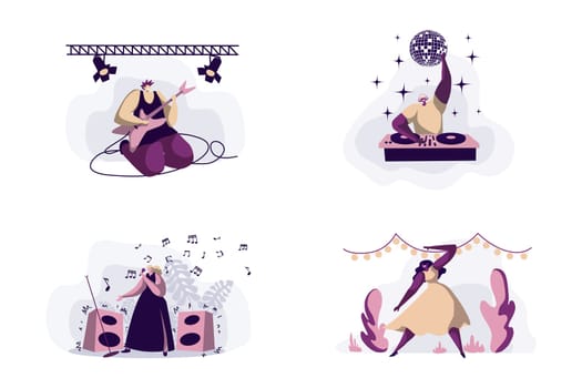 Talented young artists, rock musician playing guitar, dj, professional singer and dancer live performance. Show business, entertainment industry concept cartoon sketch. Flat vector illustration