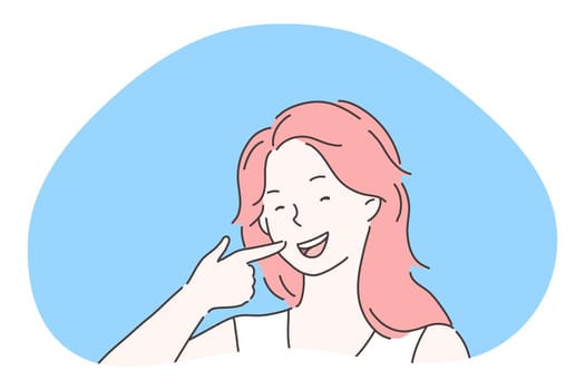 Dental health, white healthy teeth, whitening treatment concept. Young smiling girl cartoon character showing her healthy white beautiful teeth and pointing with finger on mouth during smile
