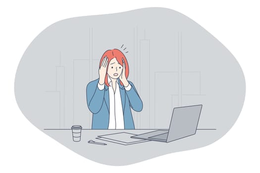 Stress, overwork, overload concept. Unhappy depressed stressed young woman office worker sitting with laptop with much work and feeling stressed and tired in office. Exhaustion, depression vector