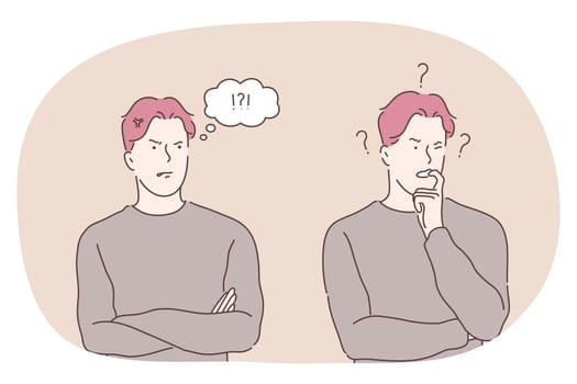 Sign language, gestures, hands communication concept. Young man cartoon character standing and expressing doubt thinking about something and biting finger