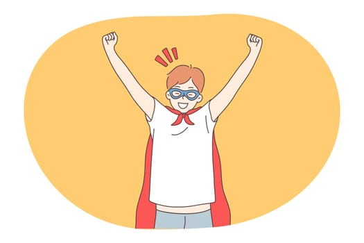 Superhero, superman, power concept. Young smiling boy child in red superman costume mantle and mask imagining power and leadership. Fantasy, imagination, justice, strength, champion illustration