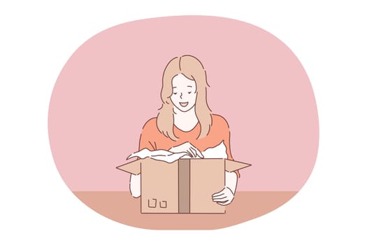 Parcel, order delivery, holiday present in box concept. Young girl teen cartoon character feeling happy of receiving box with gift or online order delivered to home and unpacking contests from paper