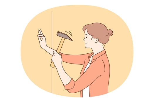 Repairing, renovation, housework concept. Young woman cartoon character nailing gaze to wall with hammer doing renovation and construction herself vector illustration