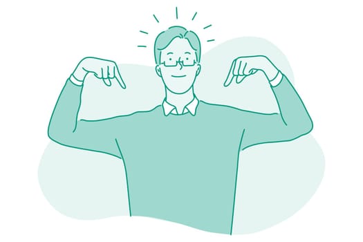 Self confidence, success, leadership concept. Happy young businessman cartoon character standing and pointing with fingers at himself feeling proud and confident as symbol of success