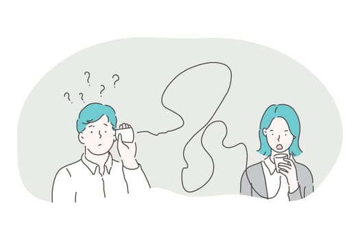 Misunderstanding, connection, communication problems concept. Young frustrated couple man and woman speaking and listening through glasses with wires and feeling misunderstanding between each other