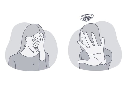 Crying, Sadness, mental depression concept. Young unhappy woman thinking about bad news grief touching face crying and suffering from depressed state of mind illustration