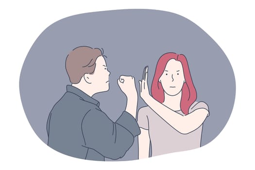 Misunderstanding, problems in communication, anger concept. Young man and woman arguing fighting and having problems with mutual understanding and quarrelling vector illustration