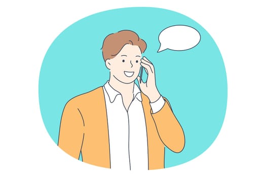 Talking on phone, Online communication on smartphone, chatting concept. Smiling Man with smartphone chatting, searching information in internet, calling, dating or communicating online