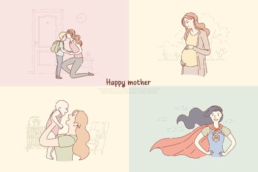 Young mothers with children, mom send son to school, woman playing with toddler, happy motherhood banner. Feminine happiness, maternity leave concept cartoon sketch. Flat vector illustration