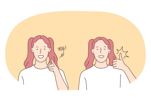 Sign language, gestures, hands communication concept. Young smiling girl cartoon character pointing at camera or person to talk and showing thumbs up sign with approval with fingers