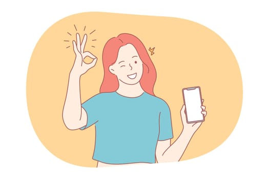 Online communication, thumbs up, smartphone concept. Young smiling girl showing smartphone screen with white mockup for text or lettering and ok good sign with fingers vector illustration