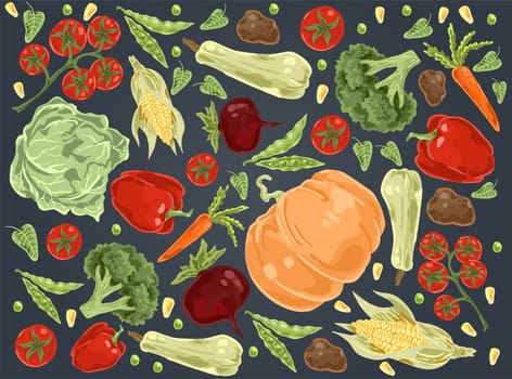 Natural vegetables, pumpkin, cabbage, tomatoes, paprika, broccoli, corn, carrot, beetroot, potatoes, organic nutrition set. Farm food, seasonal harvest concept cartoon sketch. Flat vector illustration