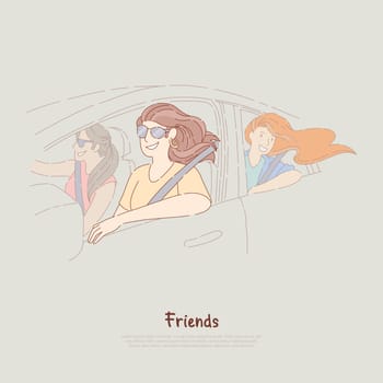 Young girlfriends on road trip, happy women ride in car, female friendship, summer journey, adventure banner. Holiday recreation, vacation travel concept cartoon sketch. Flat vector illustration