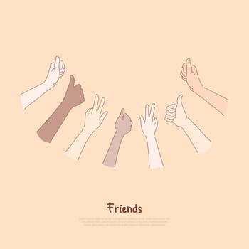 Friends group showing thumbs up and peace signs, feelings, mood expression, approval, confirmation, friendship banner. Positive, friendly gestures concept cartoon sketch. Flat vector illustration
