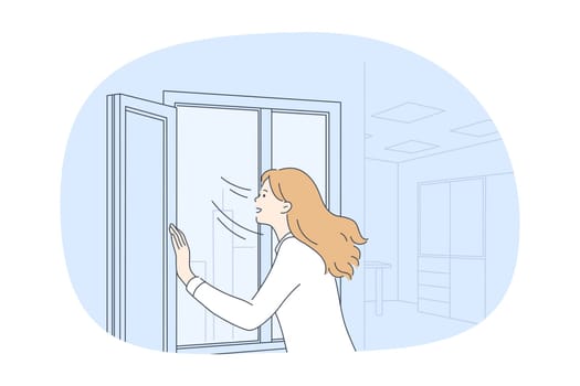 Fresh air, ventilation, wind concept. Young smiling woman cartoon character opening window at home and breathing enjoying fresh summer air from outside feeling healthy and good vector illustration
