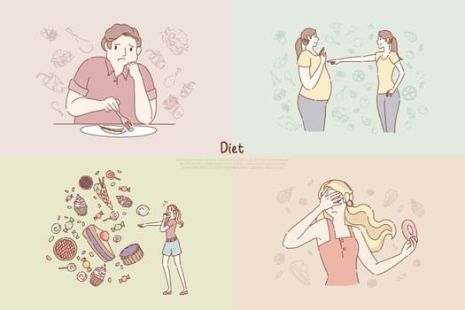 Vegan nutrition, before and after, fat and slim women, anorexia, calories fear, abstinence from sweets, diet banner. Weight loss, healthy lifestyle concept cartoon sketch. Flat vector illustration
