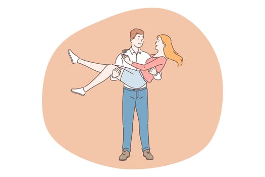 Love, couple in relationship, togetherness concept. Happy young loving boyfriend holding his smiling girlfriend on hands during date outdoors. Dating, romance, people in love illustration