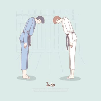 Judo school, fighters bow down, sparring start or end, self defence classes, oriental martial arts, karate dojo banner. Single combat, show of respect concept cartoon sketch. Flat vector illustration