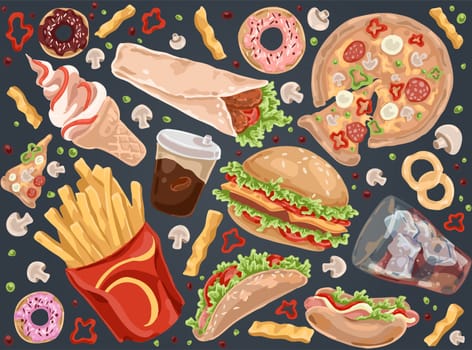 Street meal, french fries, pizza, hamburger, takeaway service, coffee, hot dog, burrito, ice cream, quick lunch set. Fast food, unhealthy nutrition concept cartoon sketch. Flat vector illustration